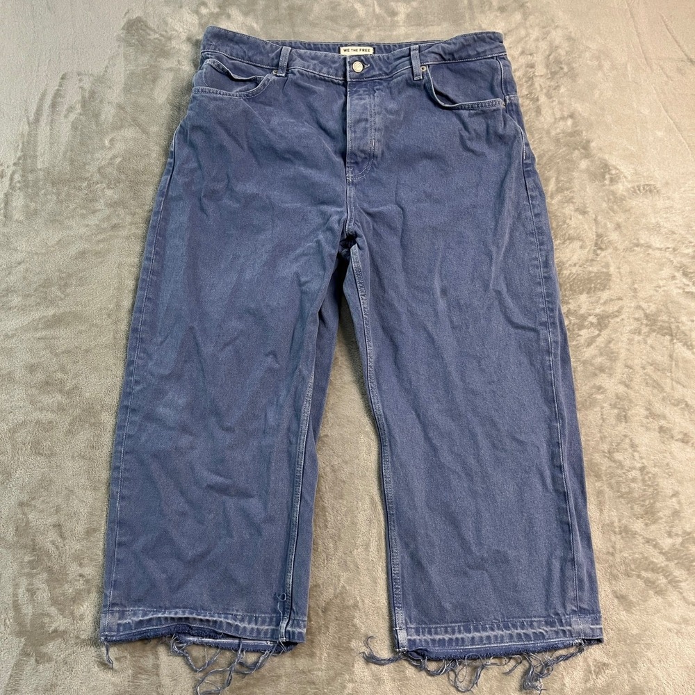 We The Free Free People Blue Wide Leg Baggy Relaxed Crop Raw Hem Denim Jeans 33*